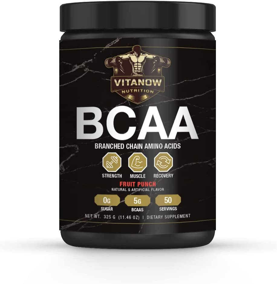 VITANOW NUTRITION BCAA (Branched Chain Amino Acids), Sugar Free, Supports Muscle Building, Vegan Bcaas, 325G, 50 Servings (Fruit Punch)