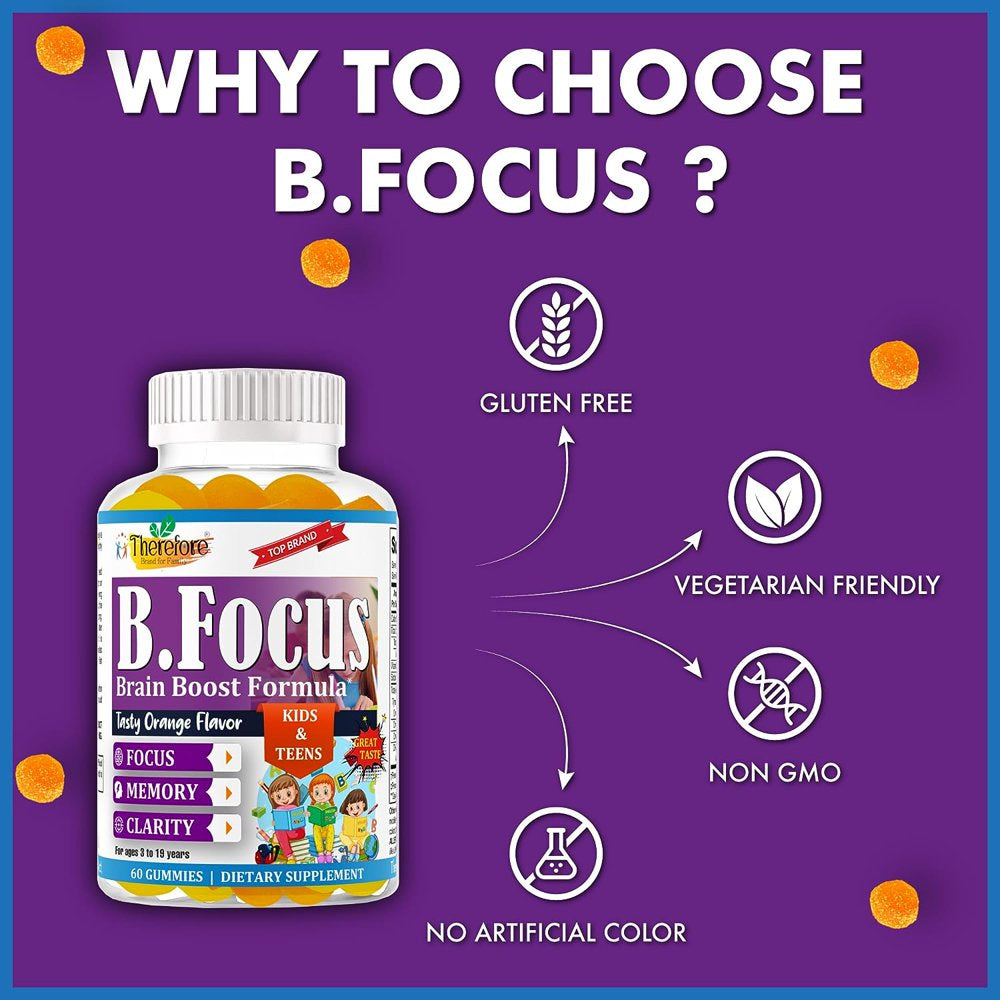 B.Focus Brain Booster Supplement for Kids, Teens, Supports Memory, Focus, Attention & Clarity, with Omega 3 & DHA | Brain Support 60 Gummy Vitamins