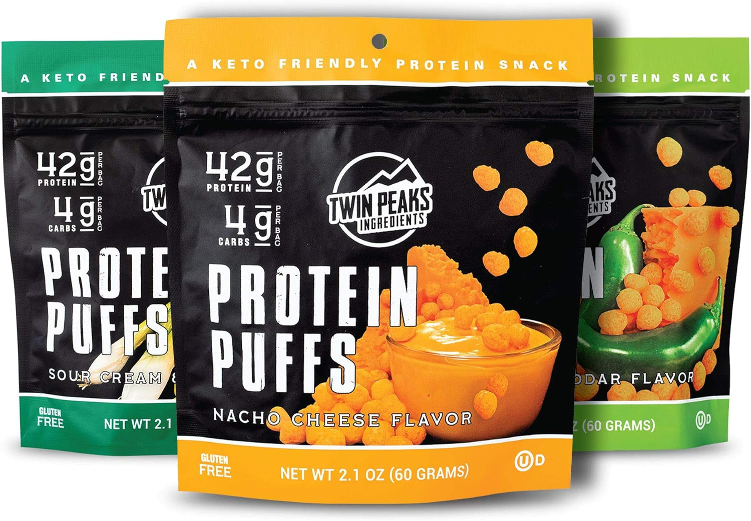 Twin Peaks Low Carb, Keto Friendly Protein Puffs, 3 Bags of Assorted Flavor Puffs + 1 Jug Nacho Cheese Flavor Puffs