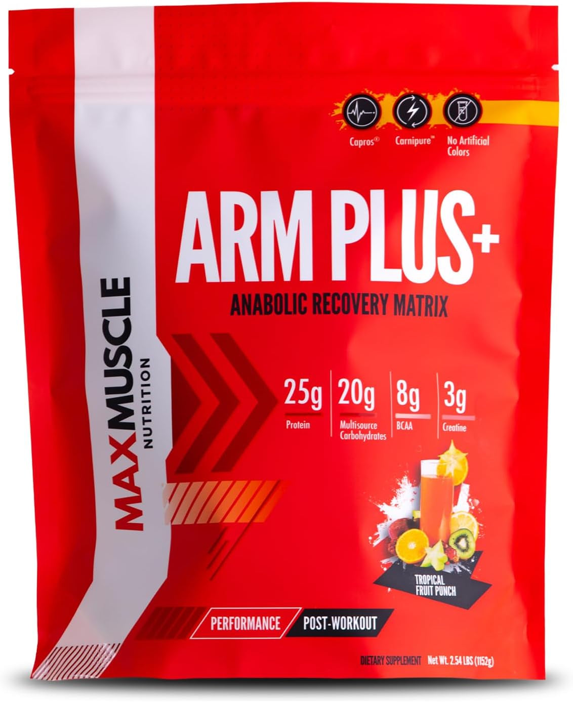 Max Muscle Arm Plus+ Anabolic Recovery Matrix | 25G Protein, 8G Bcaas, 3G Creatine Monohydrate | Whey Protein, Amino Acids, Antioxidants, Glutamine, Electrolytes (Tropical Punch, 2.54 Lb)