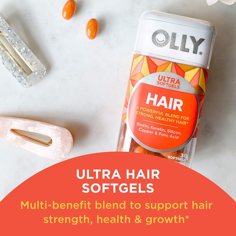 OLLY Hair Ultra Softgels, Supports Healthy Hair Growth, Stronger and Fuller Hair, Biotin, Keratin, Vitamin D, B12, Hair Supplement, 30 Day Supply Ultra Hair Softgels
