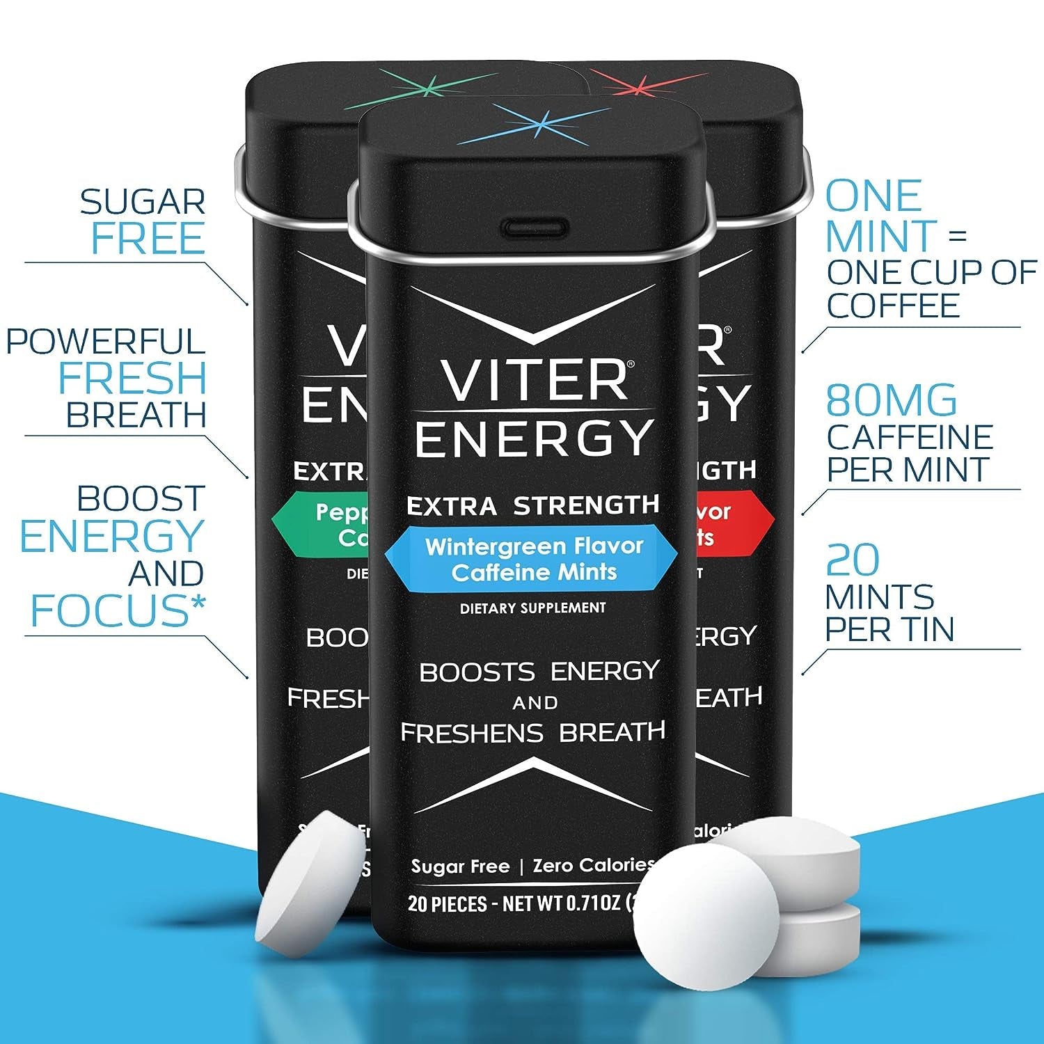 Viter Energy Extra Strength 3 Flavor 80Mg Caffeine Mints Variety and Caffeine Gum Variety Flavor Sampler and Original Caffeine Mints Sampler Packs Bundle - Caffeine, B Vitamins, Sugar Free, Vegan