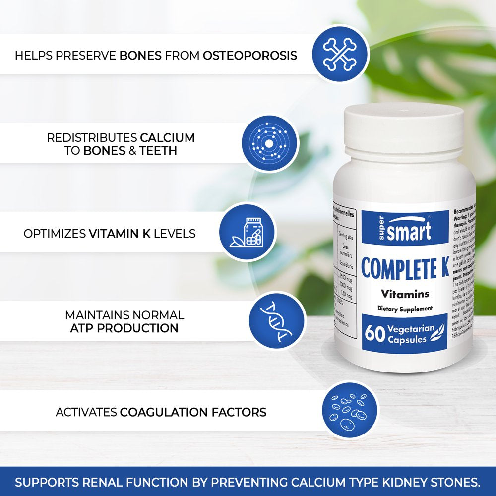 Supersmart - Complete K - with Vitamin K1, K2 (MK-4 + MK-7) - Bones Strength Supplement - Cardiovascular Support | Non-Gmo & Gluten Free - 60 Vegetarian Capsules