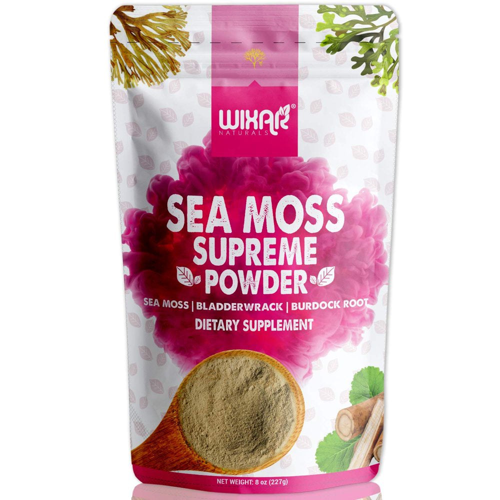 Wixar Wildcrafted Sea Moss Powder - (8 Ounces) - Natural Irish Sea Moss and Bladderwrack with Burdock Powder - Thyroid Support, Healthy Skin, Keto Detox, Joint Support Alkaline Supplements