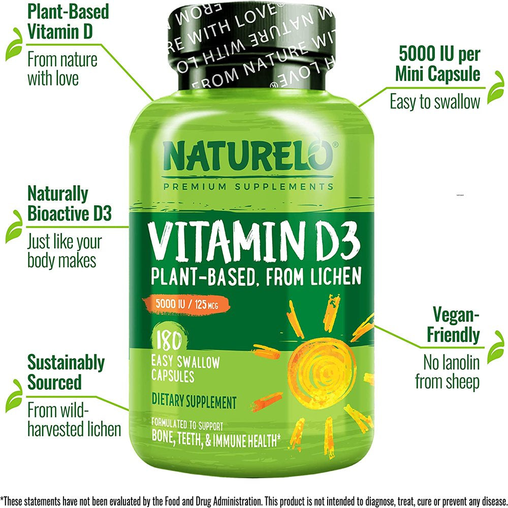 NATURELO Vitamin D3 - 5000 IU - Plant Based from Lichen - Natural Vegan D3 Supplement for Immune System, Bone Support, Joint Health - High Potency - Non-Gmo - Gluten Free - 180 Capsules