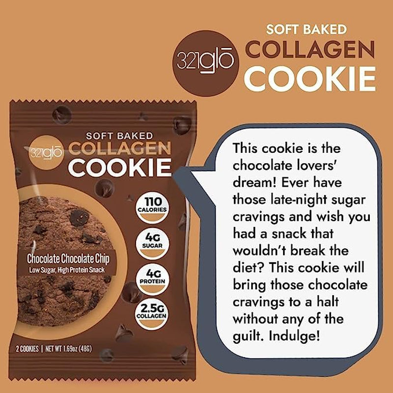 321Glo Collagen Cookies | Soft Baked, High Protein Cookies | Low Carb, Low Sugar | Keto Snack for Women, Men, & Kids | 6 Pack (Chocolate Chocolate Chip)