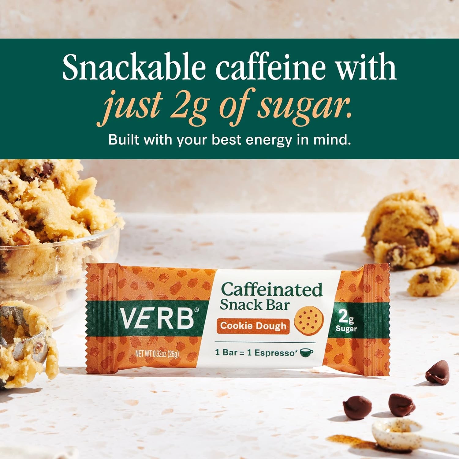 Verb Energy - Cookie Dough Caffeinated Snack Bars - 90-Calorie 2G Sugar Energy Bar - Keto Friendly Nutrition Bars - Vegan Snacks - Gluten Free with Organic Green Tea, 26G (Pack of 16)