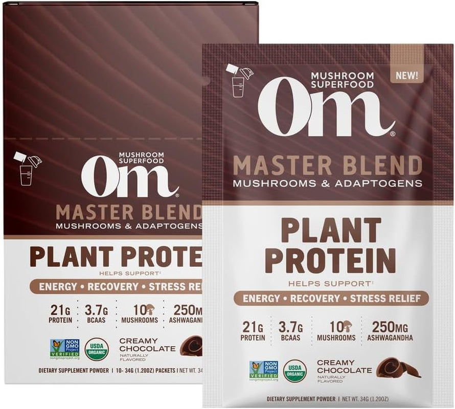 Om Mushroom Superfood Master Blend Mushrooms & Adaptogens, Creamy Chocolate Plant Protein, Single Serve, 10 Count, 10 Mushroom Complex, Lion'S Mane, Ashwagandha for Energy, Recovery, Stress Relief