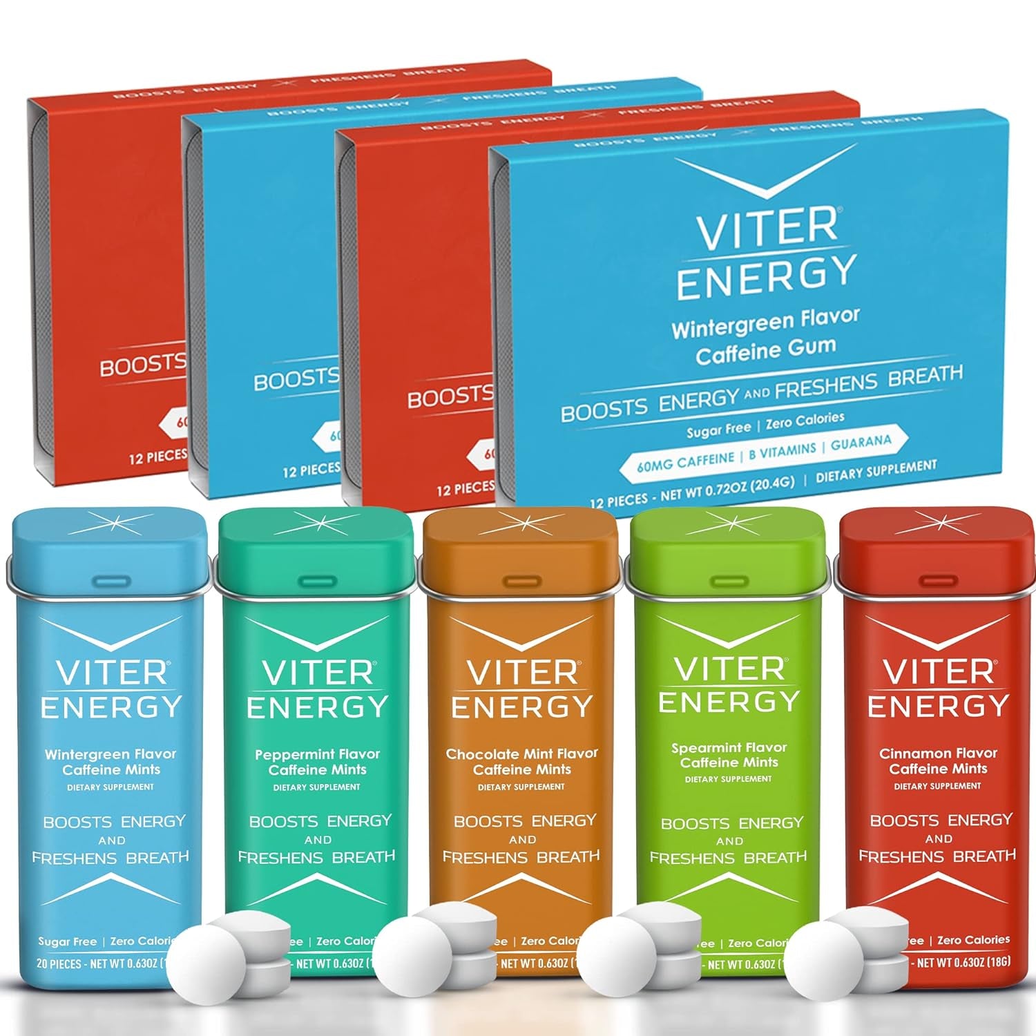 Viter Energy 60Mg Caffeine Gum and Original 40Mg Caffeine Mints Variety Packs Bundle - Caffeine, B Vitamins, Sugar Free, Vegan, Powerful Energy Booster for Focus and Alertness