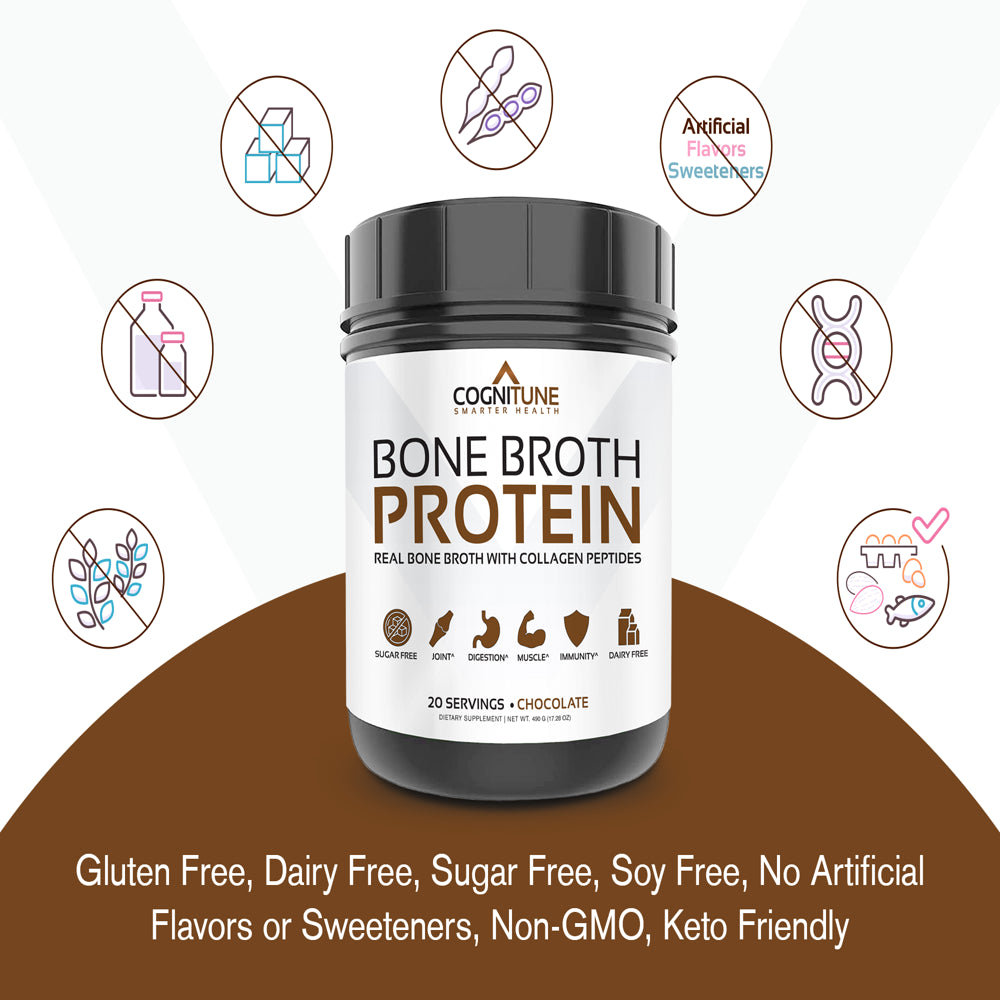 Cognitune Bone Broth Chocolate Protein Powder for Immune Support, Grass Fed Collagen Peptides, No Sugar, Paleo & Keto Friendly, Dairy Free, Gluten Free - 20G Protein 20 Servings