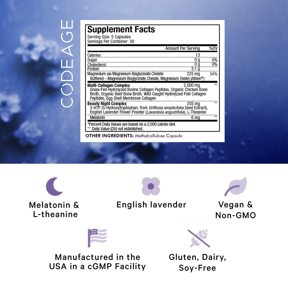 Codeage Multi Collagen Beauty Night, Magnesium, 5-HTP, Lavender, Melatonin, 5 Types Collagen + Sleep, 150 Ct