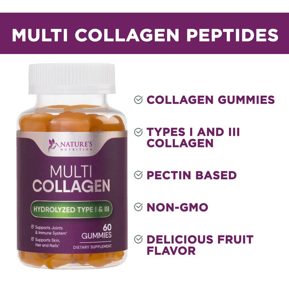 Collagen Gummies with Biotin - Hydrolyzed Collagen Peptides Supplement Types I and III - Support for Hair, Skin, Nails, and Joints - Gluten Free and Non-Gmo - Orange Gummy Vitamins - 60 Capsules