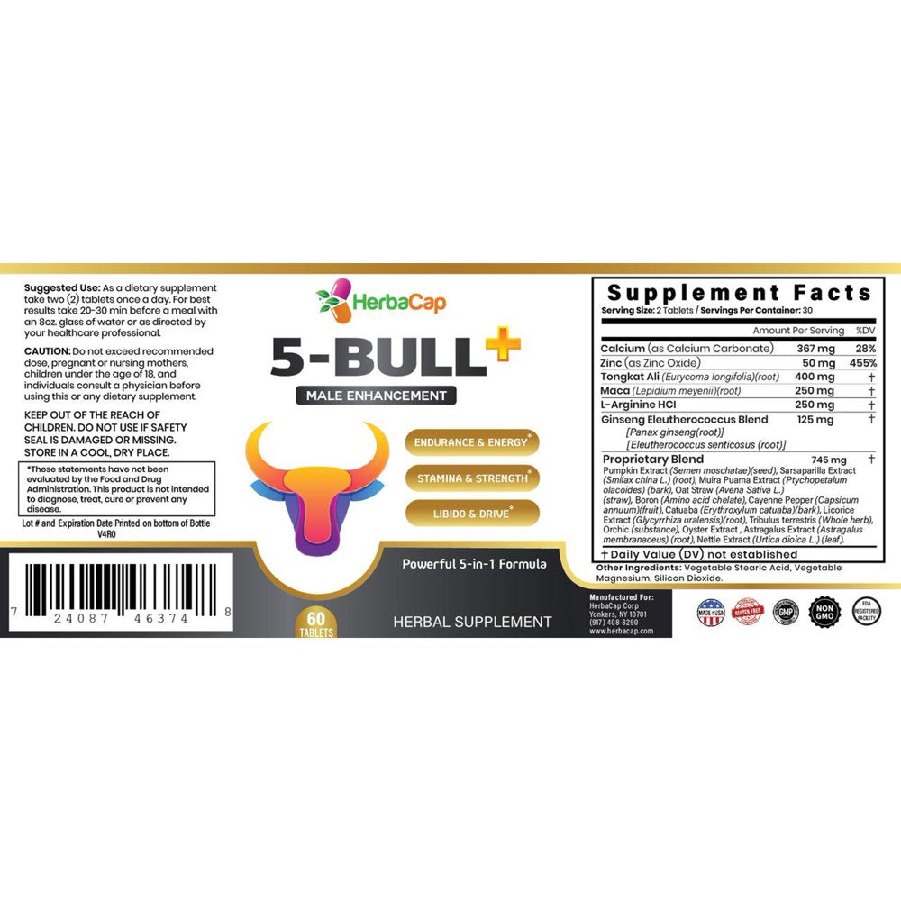 Herbacap 5 BULL plus | 5-In-1 Natural Herbal Supplement for Male - 60 Capsules