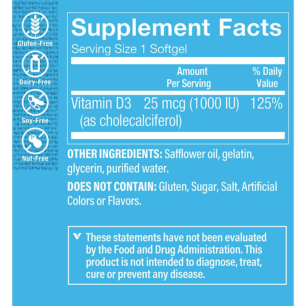 Vitamin D3 1000IU Softgel, Supports Bone & Immune Health, Aids in Cellular Growth & Calcium Absorption, Gluten Free & Once Daily Formula (100 Softgels) by the Vitamin Shoppe