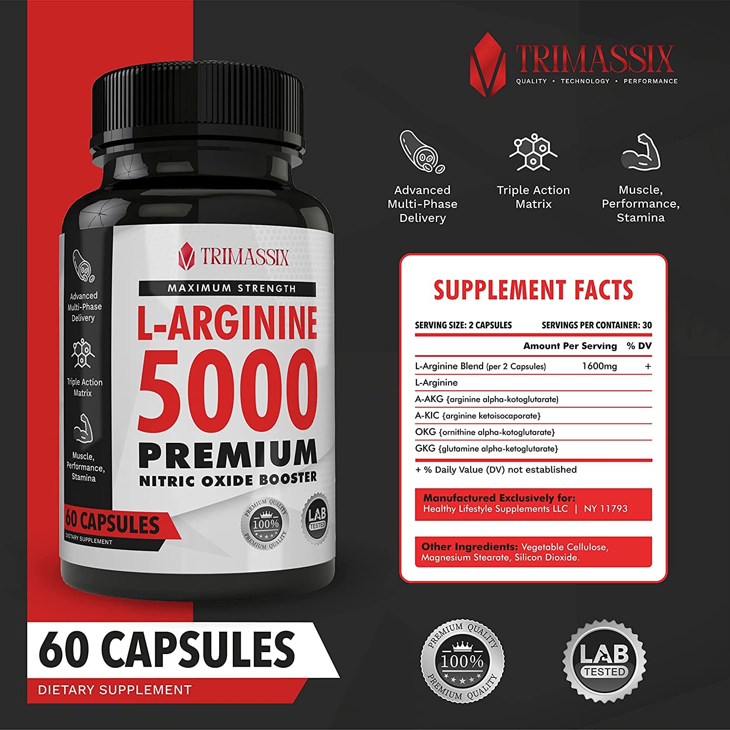 TRIMASSIX - L-Arginine 5000 Premium Nitric Oxide Booster - Maximum Strength - 60 Caps - Made in USA