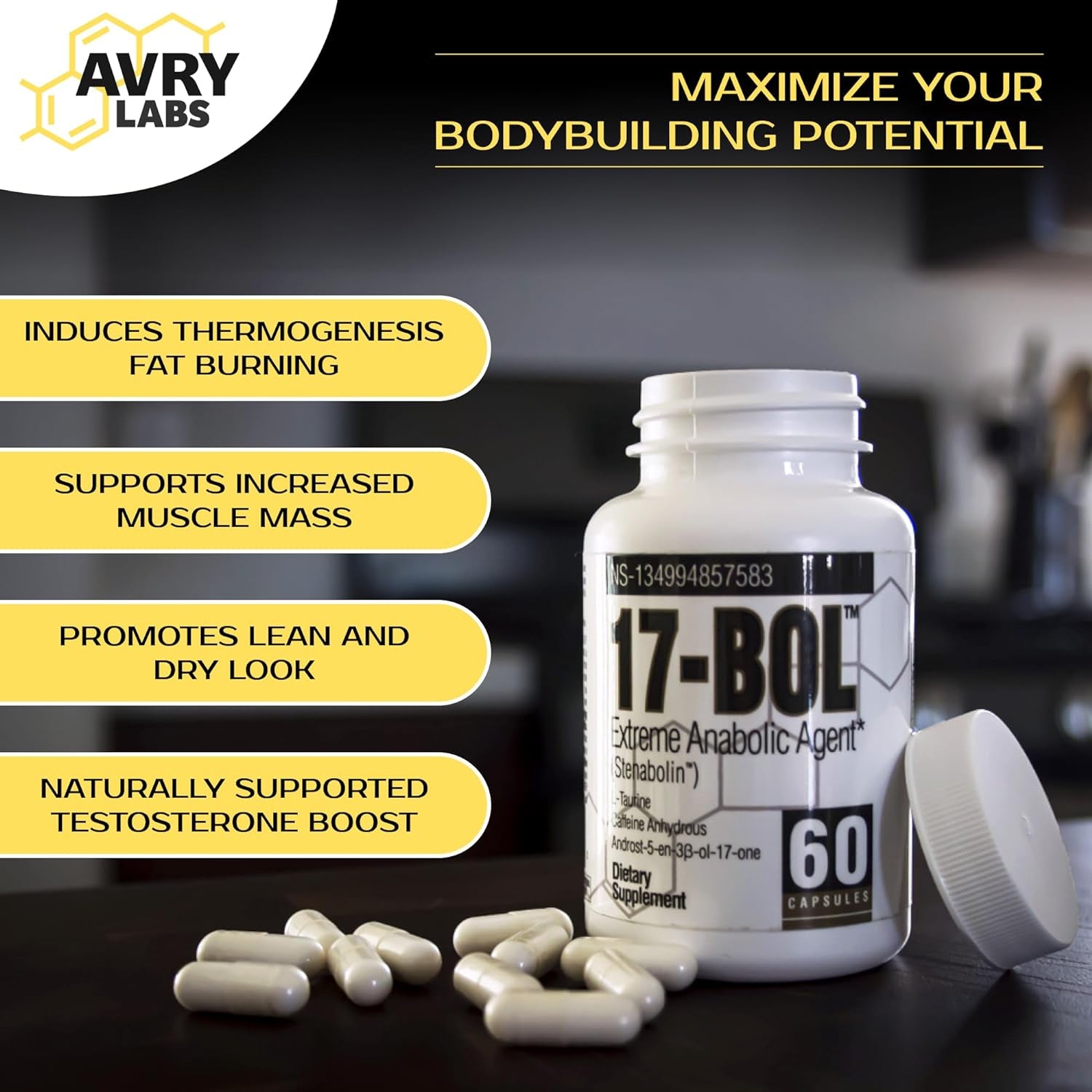 17-BOL Anabolic Supplement by Avry Labs, Hardening, Cutting, & Bulking Agent Supports Muscle Growth and Mass, 60 Capsules