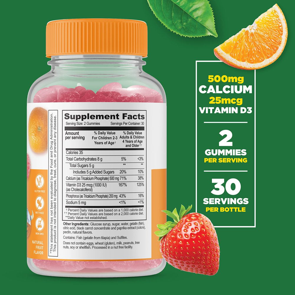 Kids Calcium + Vitamin D3 Gummies, Natural Fruit, 250 Mg, 60 Gummies, Lifeable