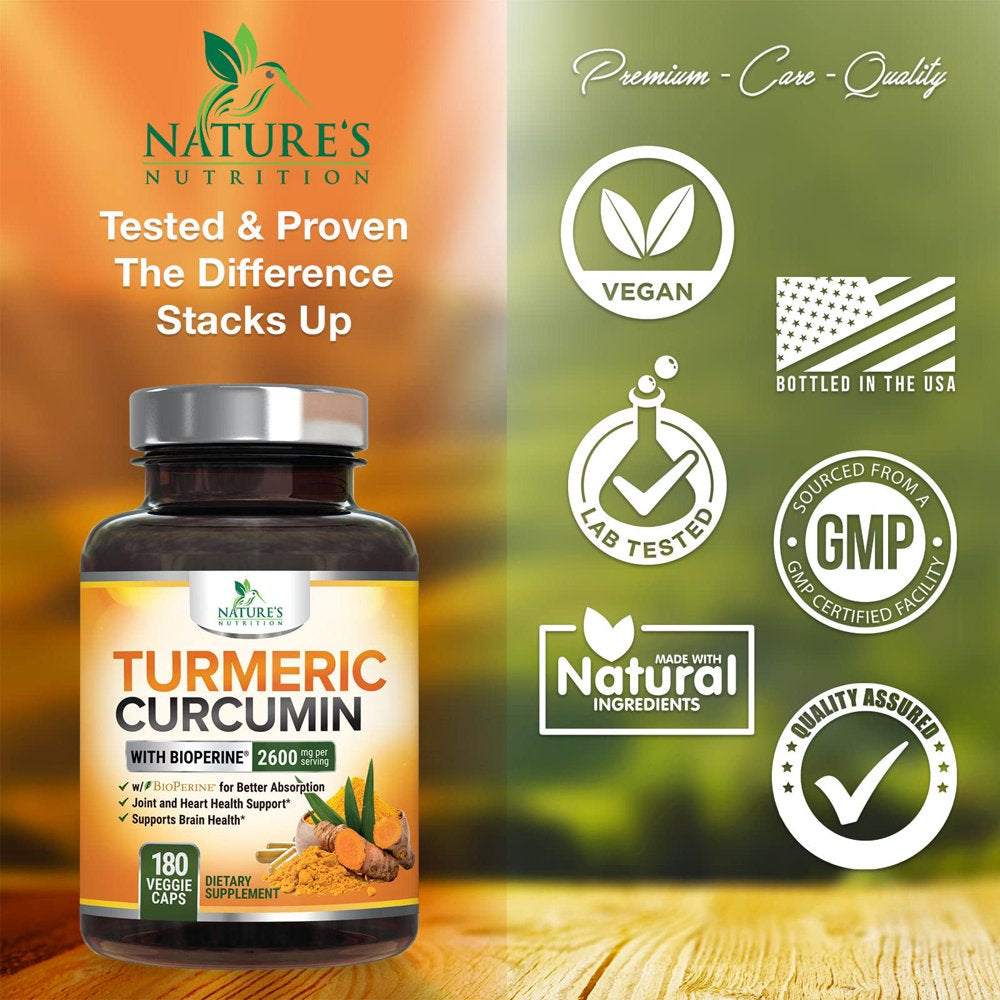 Turmeric Curcumin with Bioperine 95% Standardized Curcuminoids 2600Mg - Black Pepper for Max Absorption, Vegan Joint Support, Nature'S Tumeric Extract, Herbal Supplement, Non-Gmo - 180 Capsules