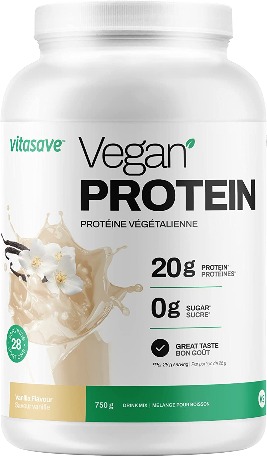 Vitasave Vegan Protein Powder - Natural Vanilla Flavour, 20G Plant Based Protein, 28 Servings, 750G Tub, Soy Free, Gluten Free, Dairy Free and Sugar Free