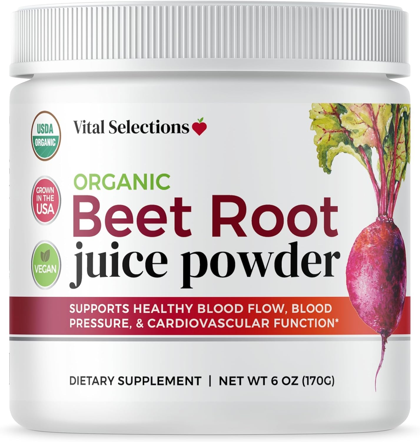 Vital Selections 100% Organic Beet Root Juice Powder, Highest Purity and Potency, USA Grown, Superior Beet Drying Technology, Maximum Nitric Oxide Boost for Cardio Support and Athletic Performance