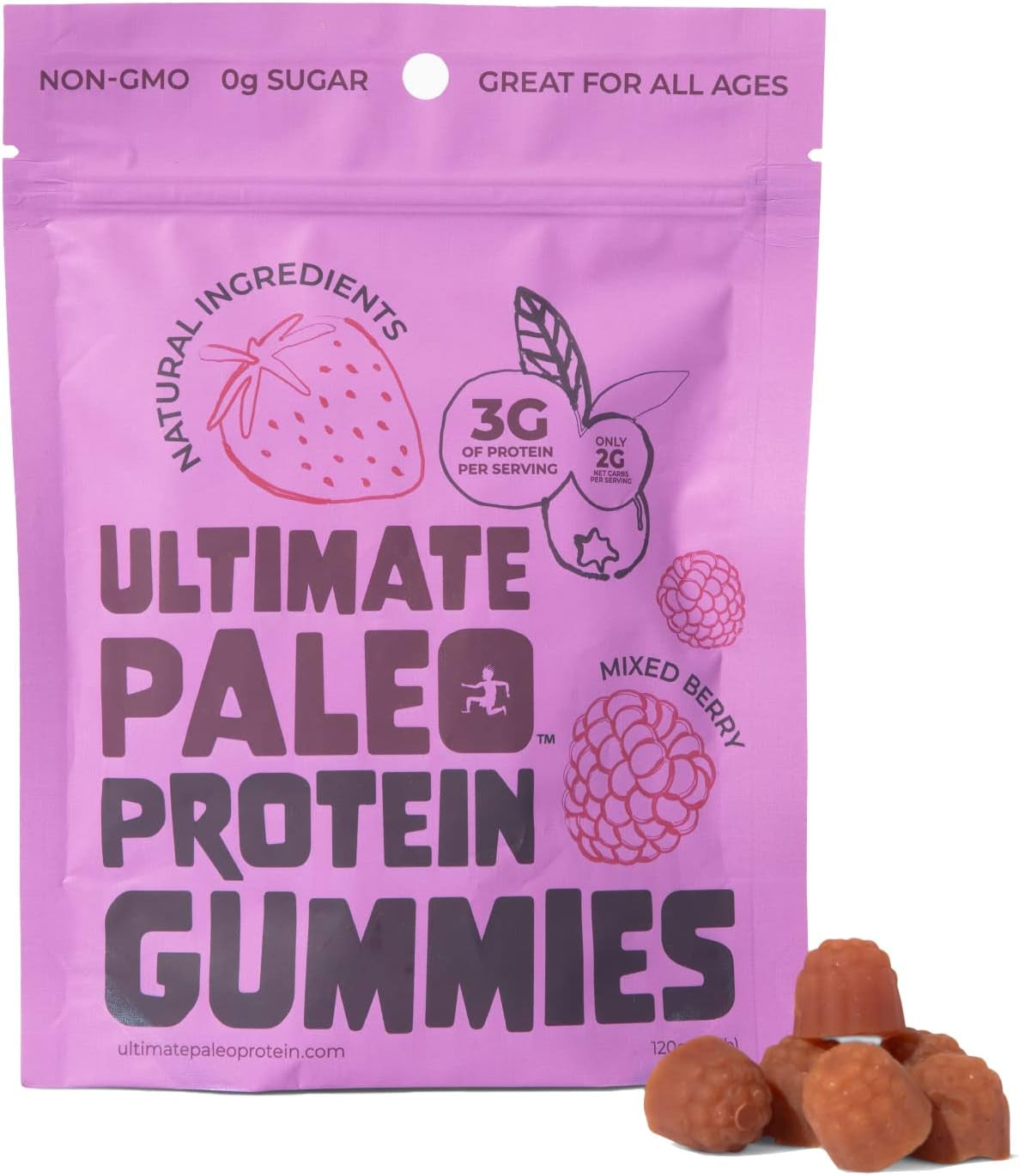 Ultimate Paleo Protein Gummies | Mixed Berry Flavored Gummy Chews | Complete Protein, Zero Added Sugar, Great Source of Prebiotics and Fiber, No Dairy, No Gluten, Non-Gmo, Keto Friendly | 4 Servings