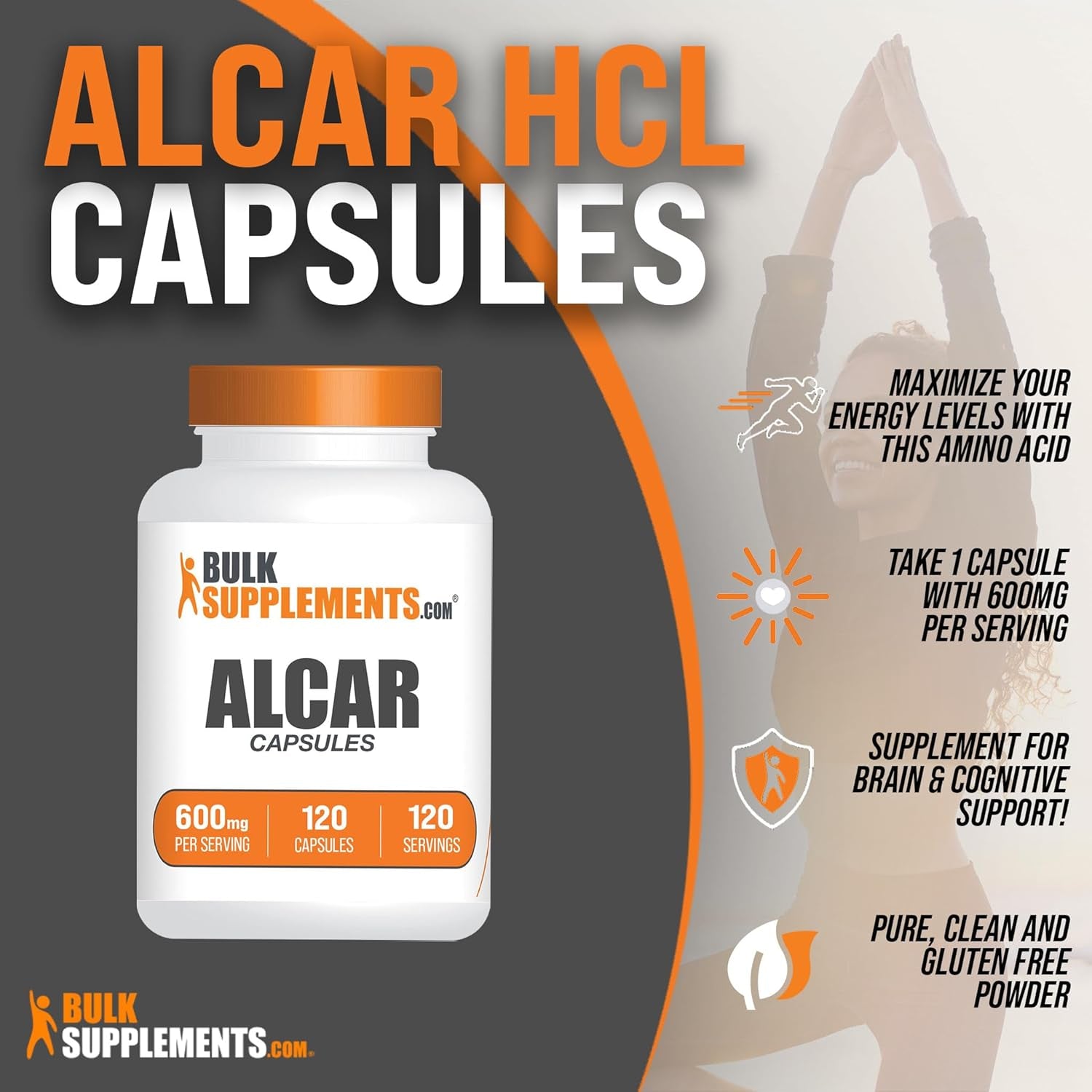 BULKSUPPLEMENTS.COM Acetyl L-Carnitine Capsules - ALCAR Hcl, Carnitine Supplement, ALCAR 600Mg - Acetyl-L-Carnitine, ALCAR Capsules - Gluten Free, 1 Capsule per Serving, 120 Capsules