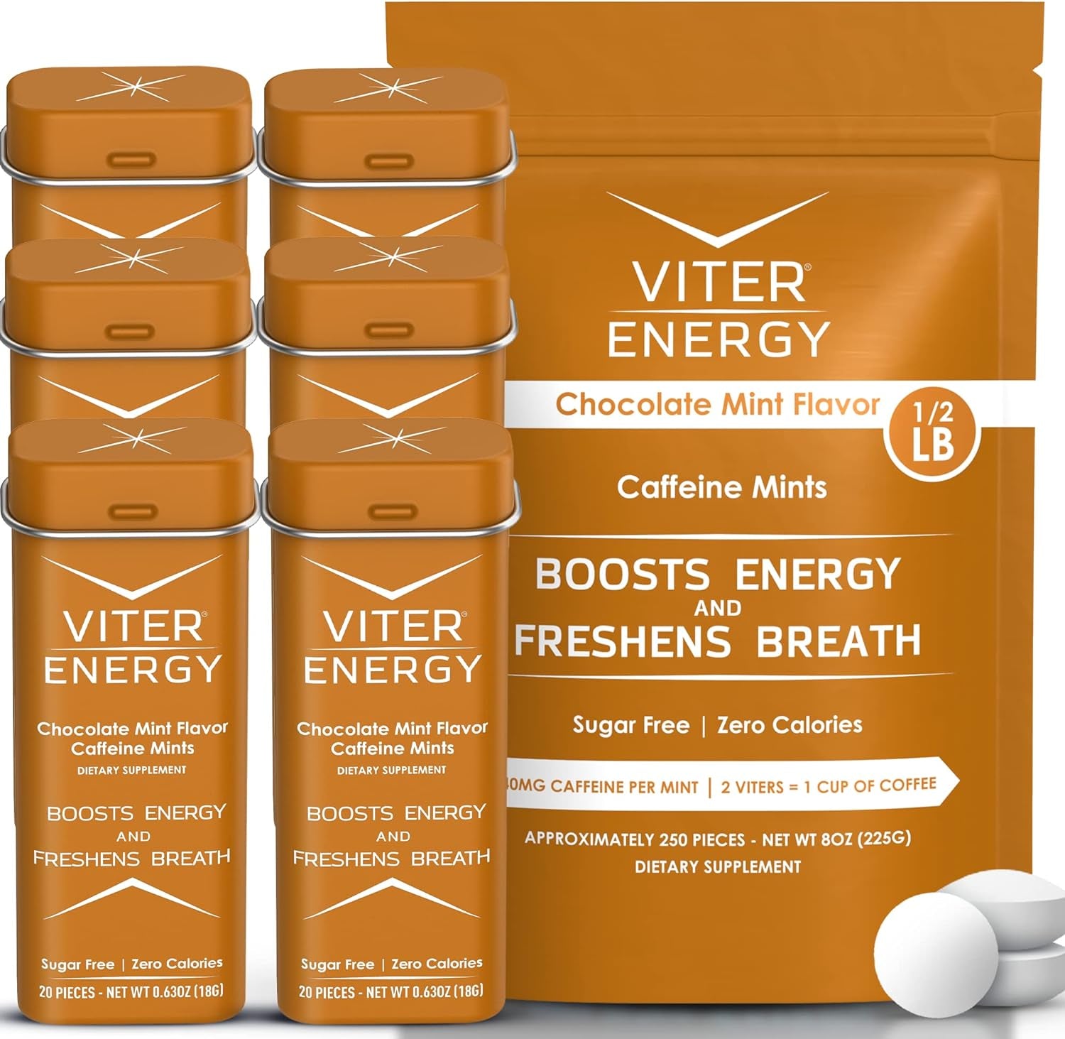 Viter Energy Original Caffeine Mints Chocolate Mint Flavor 6 Pack and 1/2 Pound Bulk Bag Bundle - 40Mg Caffeine, B Vitamins, Sugar Free, Vegan, Powerful Energy Booster for Focus and Alertness