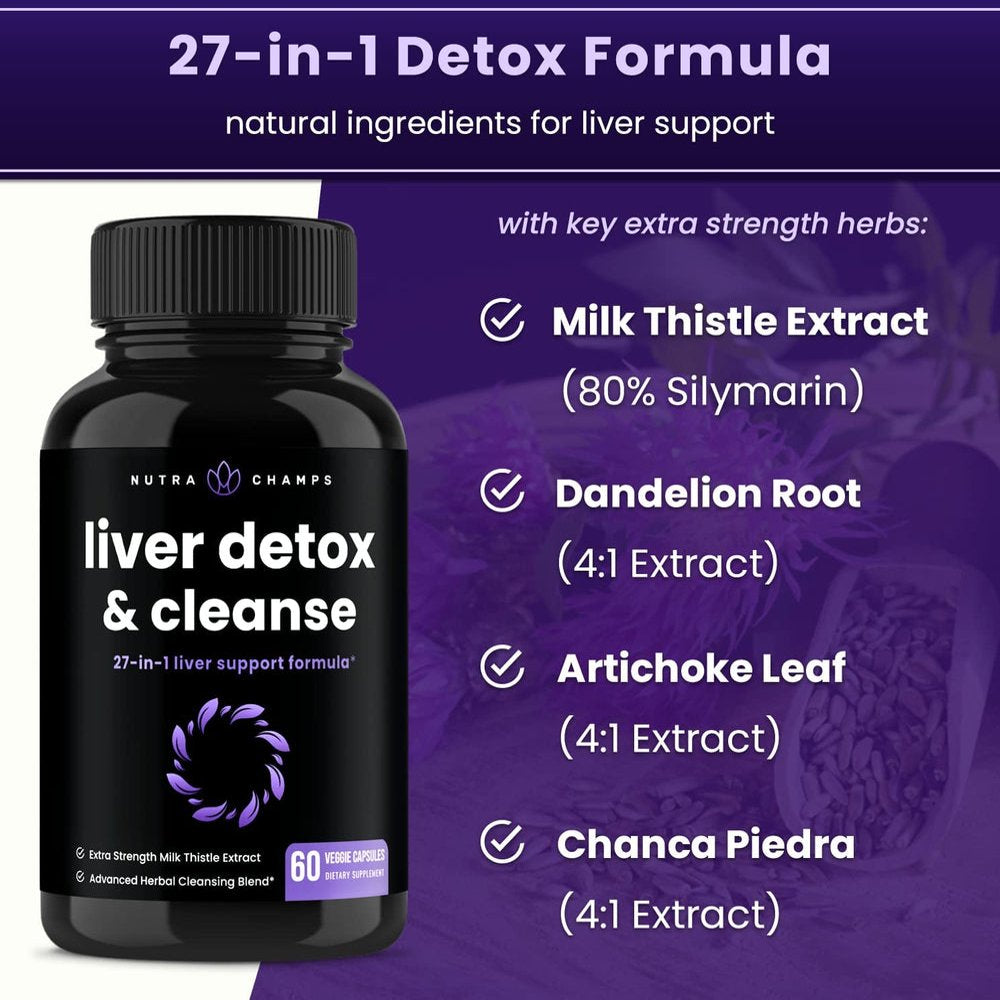 Nutrachamps Liver Cleanse Detox & Repair | Milk Thistle Extract with Silymarin 80%, Artichoke Extract, Dandelion Root, Chicory, 25+ Herbs | Premium Liver Health Formula | Liver Support Detox Cleanse