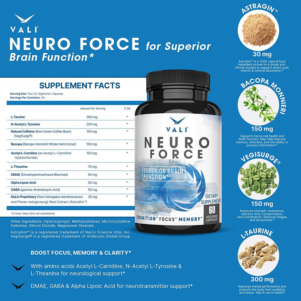 VALI Neuro Force Cognitive Function Nootropic Supplement, 60 Veggie Capsules