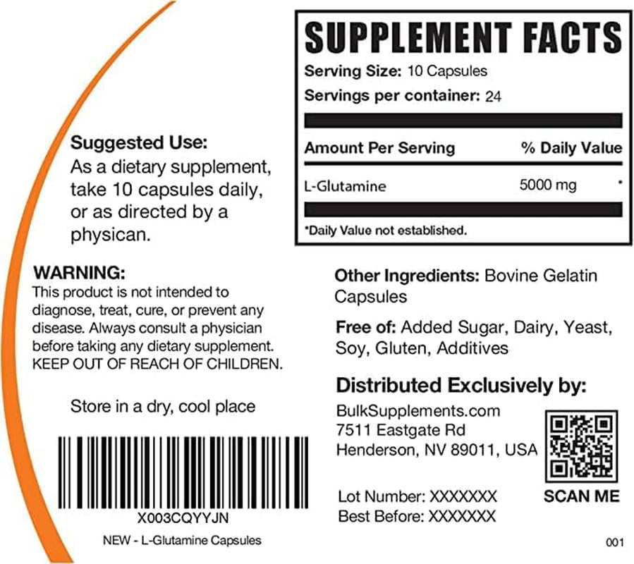 BULKSUPPLEMENTS.COM L-Glutamine Capsules - Glutamine Supplement, L Glutamine 5000Mg, L Glutamine Pills - Gut Health & Recovery, Gluten Free, 10 Capsules per Serving, 240 Capsules