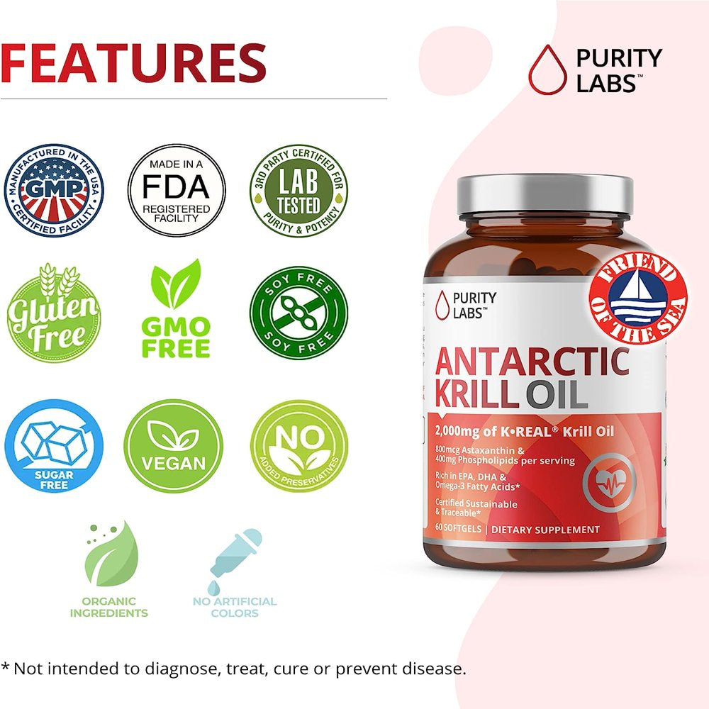 Purity Labs Krill Oil Heart Health & Brain Supplement with Omega 3 & Astaxanthin, 60 Softgels