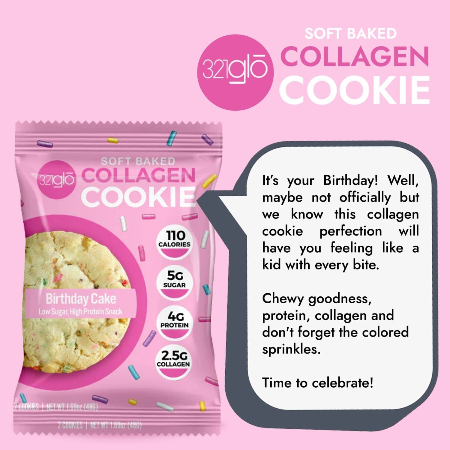 321Glo Collagen Cookies | Soft Baked, High Protein Cookies | Low Carb, Low Sugar | Keto Snack for Women, Men, & Kids | 6 Pack (Birthday Cake)