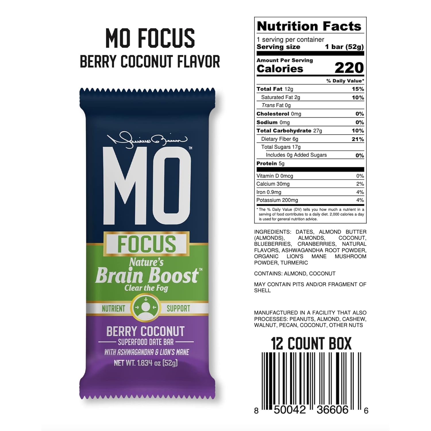 "MO FOCUS" BARS – All-Natural Superfood Date Bar - Brain Boost Snack Bars with Ashwagandha & Lion'S Mane, 52 G (12 Bars in a Box)(Berry Coconut)