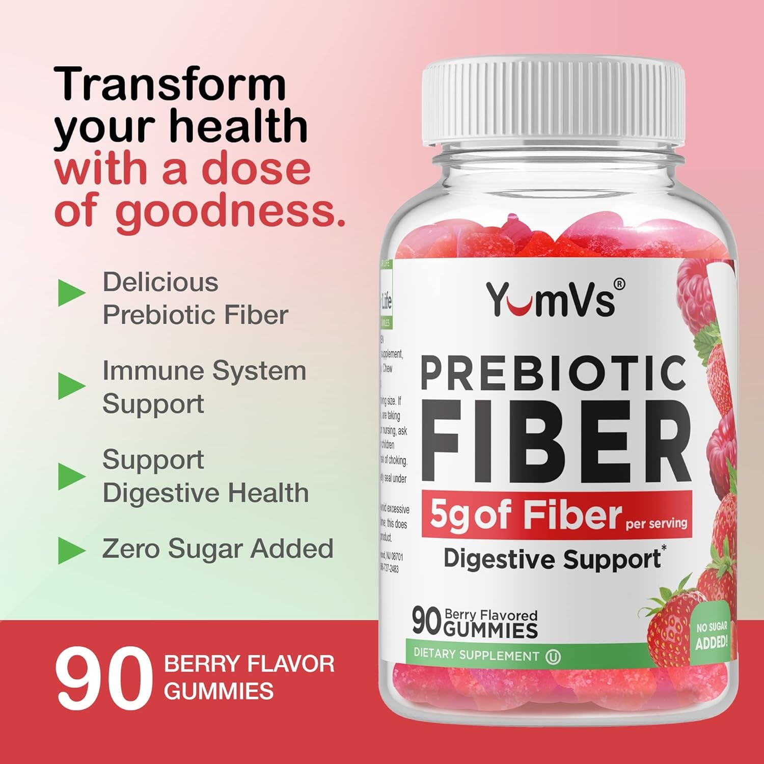 Yum-Vs - Prebiotic Fiber Gummies for Adults & Kids - 5G Digestive Aid Gummy Fiber Supplement - Keto Friendly Prebiotic Daily Fiber Supplement for Women & Men - No Sugar Added Dietary Fiber (90 Count)