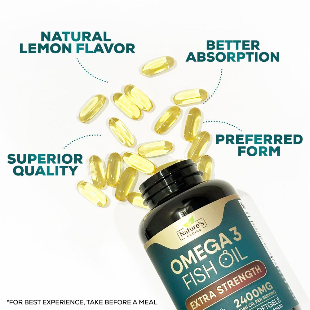 Triple Strength Omega 3 Fish Oil 2400 Mg Softgels, Nature'S Fish Oil Supplements, Brain & Heart Health Support - EPA & DHA, 1200 MG Fish Oil in Each Softgel, Omega-3 Supplement - 60 Fish Oil Softgels