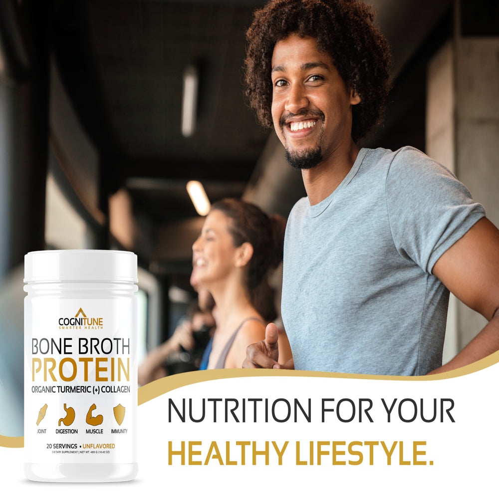 COGNITUNE Bone Broth Protein Powder with Organic Turmeric & Collagen Peptides, Unflavored, 22G Protein, 20 Servings