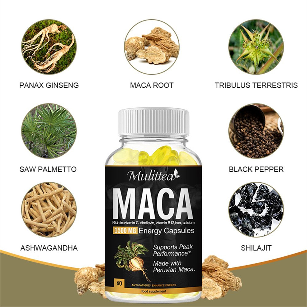 Mulittea 100% Pure Maca Root Extract Capsules 1500Mg, Enhancing Energy Male Supplement, Non-Gmo