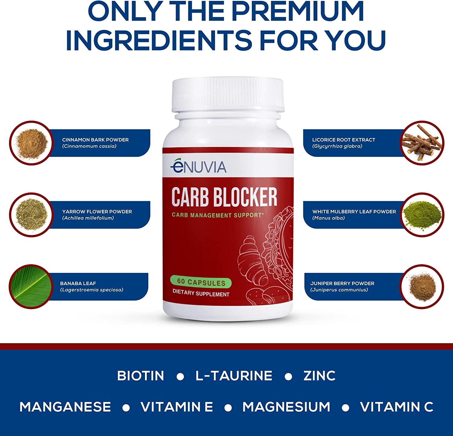 Enuvia Enuvia Carb Blocker - Plant-Based Carb Management Formula with Vitamin C for Keto or Low Carb Diet and Lifestyle - Supports Digestion, Immunity and Heart Health - Made in the USA - 60 Capsules