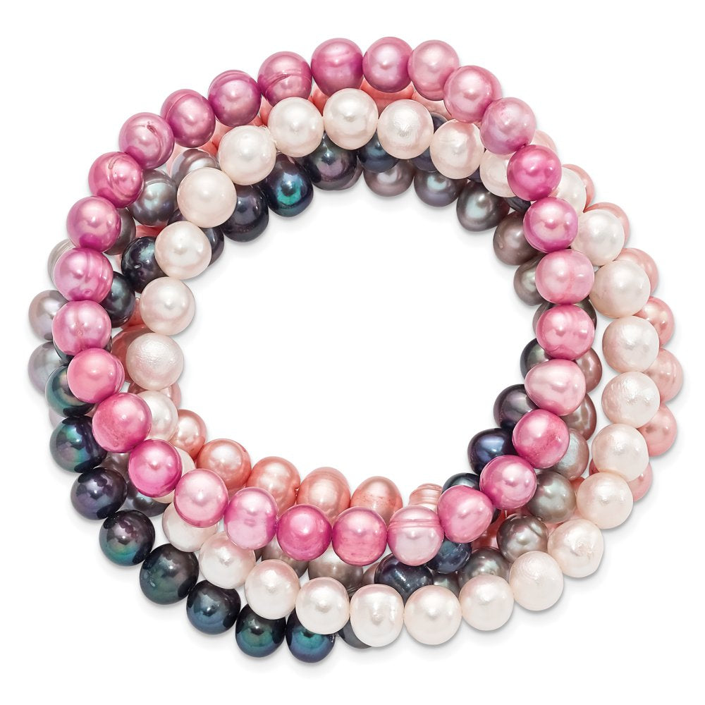 7-8Mm White/Grey/Black/Pink/Purple Freshwater Cultured Pearl Stretch 5 Piece Bracelet Set QH5195SET