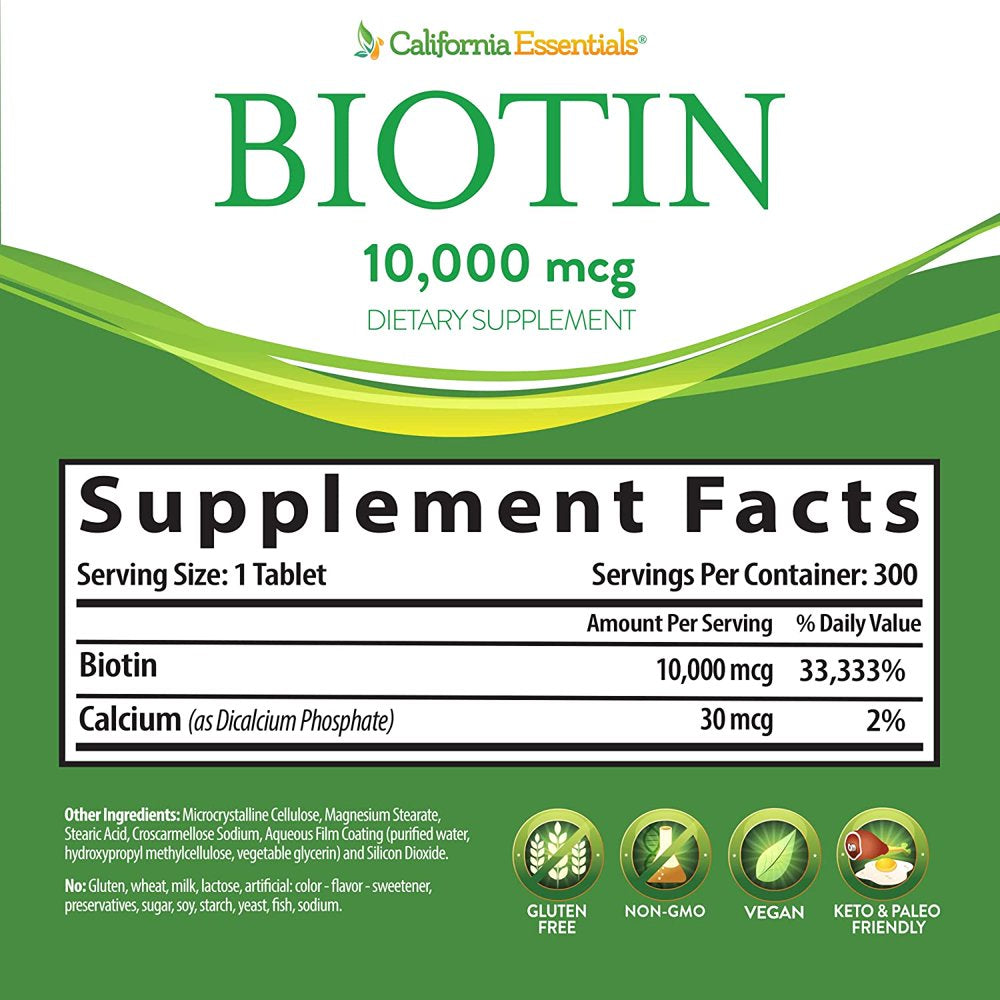 California Essentials Biotin 10000Mcg Hair Skin and Nails Vitamins, Help in Your Diet, 300 Tablets