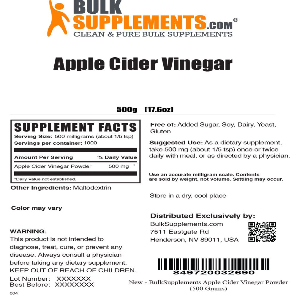 Bulksupplements.Com Apple Cider Vinegar Powder, 500Mg - Supports Heart Health (500G - 1000 Servings)
