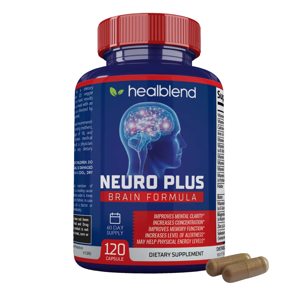 Healblend Neuro plus Brain Booster Supplements - Improving Cognitive Function, Brain & Focus Formula, Supports Memory, Concentration & Mental Clarity - 120 Capsules