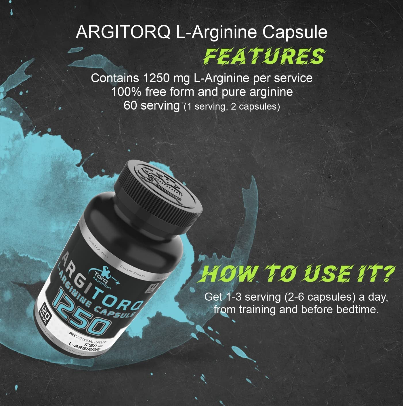 Torq Nutrition ARGITORQ L Arginine Supplement 1250Mg (120 Capsules) Amino Acid Nutritional Supplements, Muscle Performance Strength & Endurance, Nitric Oxide Booster for Increasing Protein Synthesis