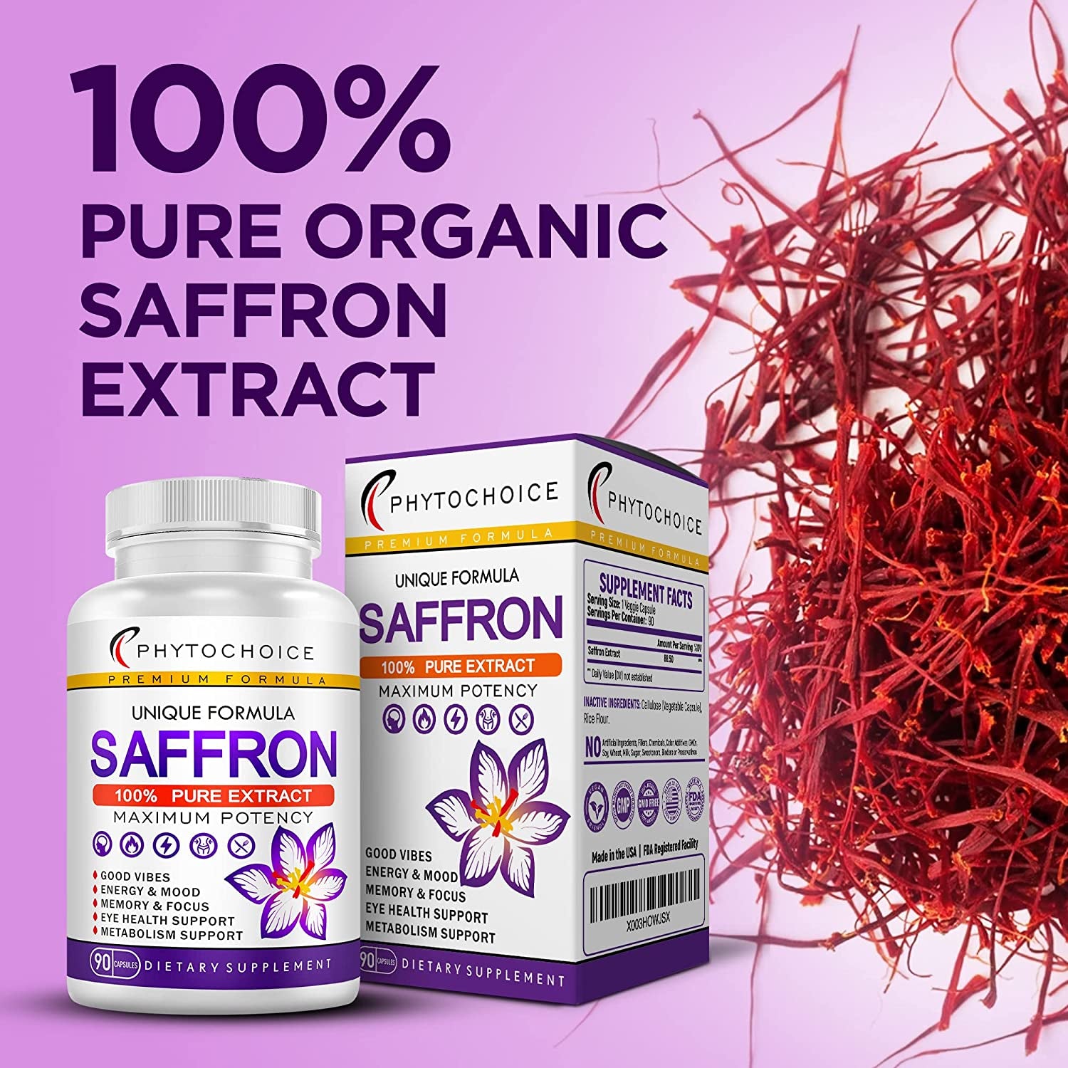 100% Pure Saffron Extract-Saffron Supplements for Women and Men-180 Servings-Boost Natural Energy Level, Enhance Mood & Attitude, Healthy Metabolism, Eye Vision & Heart Health Support-Saffron Capsules