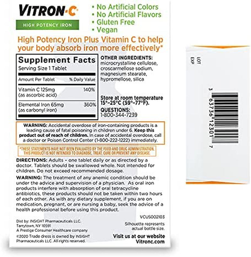 Vitron-C High Potency Iron Supplement with 125 Mg Vitamin C, Dye Free, Vegan, Gluten Free, 60 Count