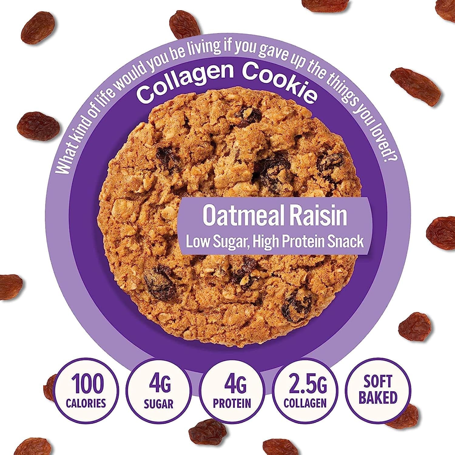 321Glo Collagen Cookies | Soft Baked, High Protein Cookies | Low Carb, Low Sugar | Keto Snack for Women, Men, & Kids | 12 Pack (Oatmeal Raisin)