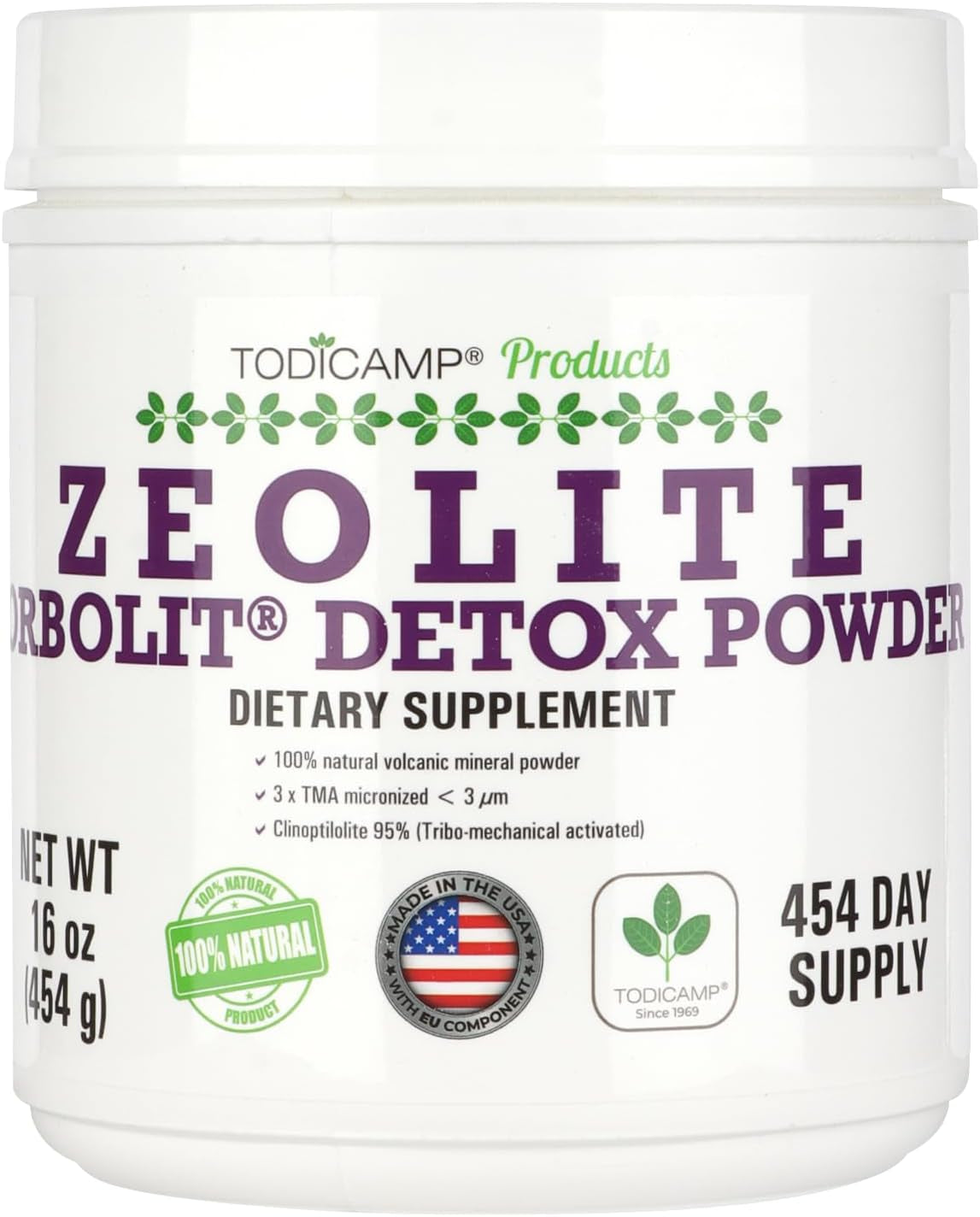 TODICAMP Zeolite Powder Sorbolit 16Oz - Ultra FINE 1-2 Μm Activated 95% Zeolite Clinoptilolite Powder 454G - Zeolite Powder Supplement (454 Days Supply)