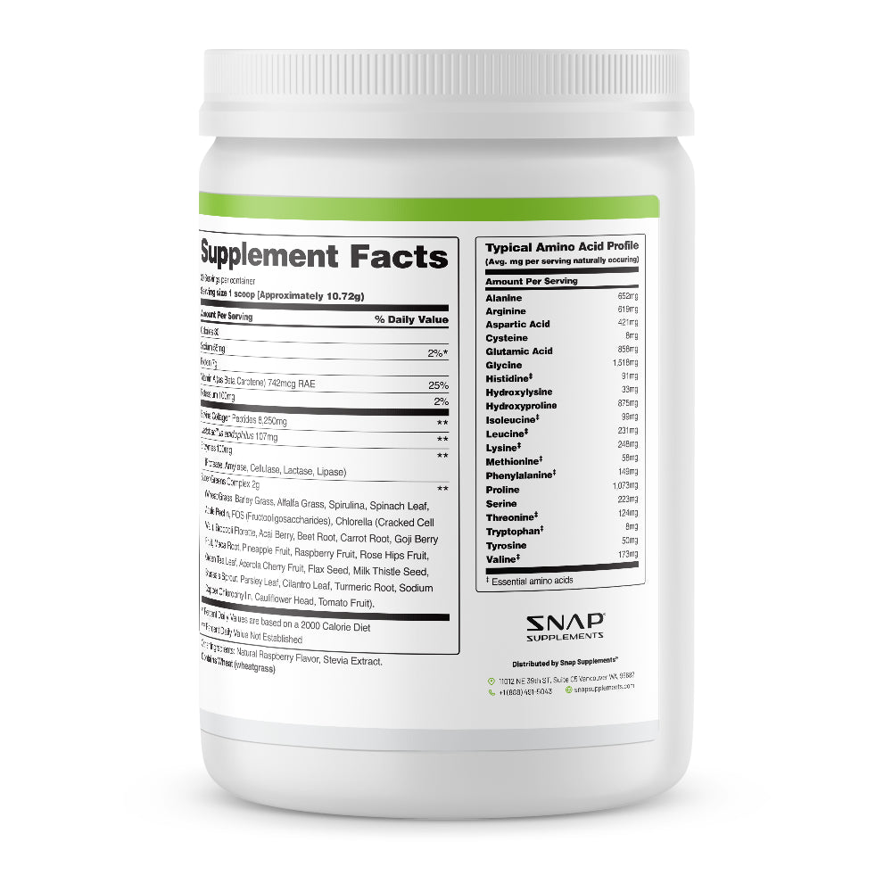 Collagen Peptides Super Greens Powder Snap Supplements - Grass Fed, Non-Gmo, Pasture Raised Superfood - 30 Servings