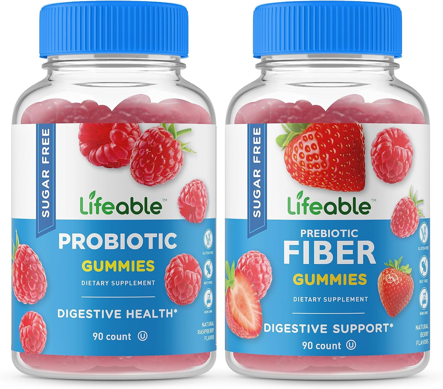 Lifeable Sugar Free Probiotic + Prebiotic Fiber, Gummies Bundle - Great Tasting, Vitamin Supplement, Gluten Free, GMO Free, Chewable Gummy