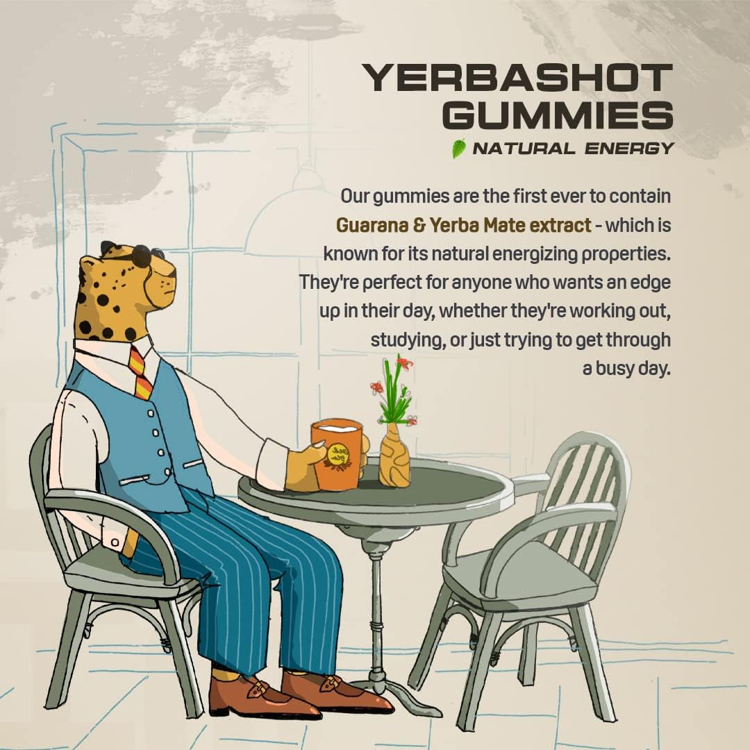 Yerbashot Energy Gummies - Natural Yerba Mate and Guarana Caffeine Chews for Instant Energy, Organic, Healthy Vegan Fast Fuel Gummies Boost. B12, B1, Taurine, Lysine. 10 Pack, Grape Flavor